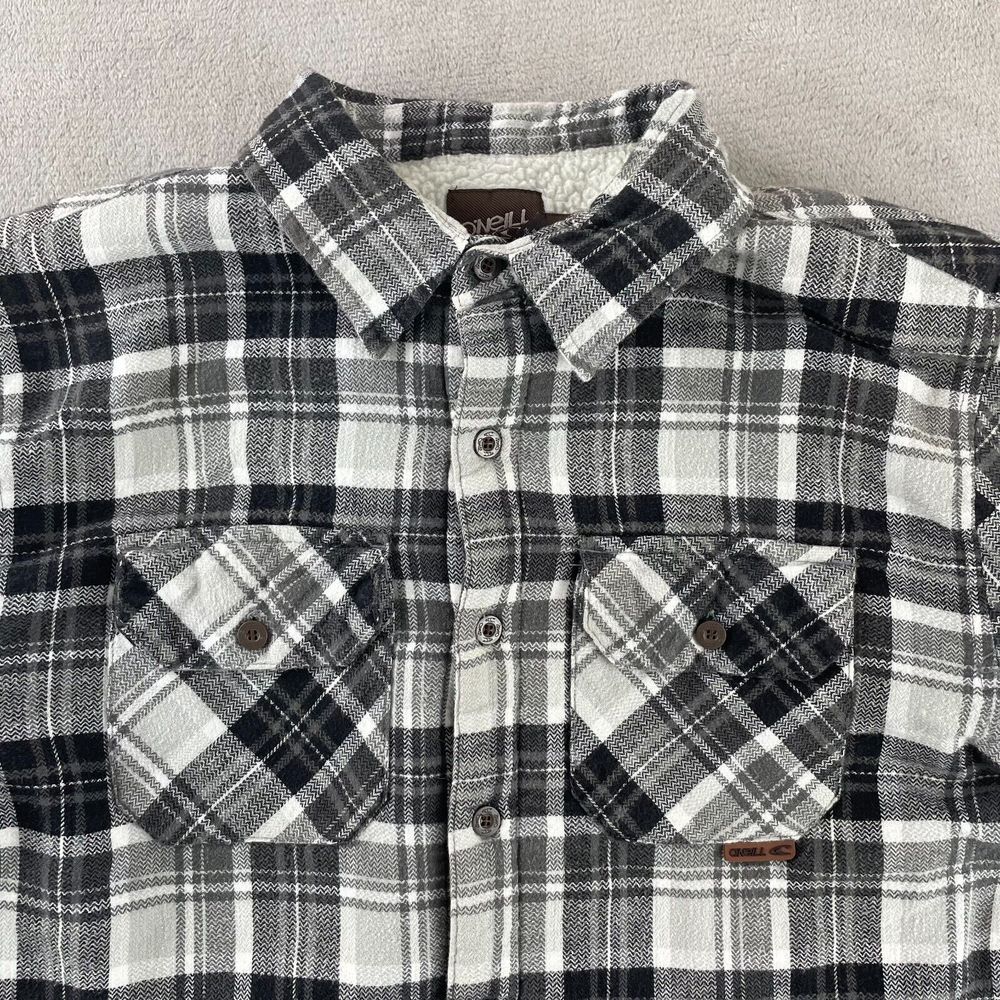 Vintage O'Neill Sherpa Lined Flannel Men Medium Black‎ Grey Plaid Outdoors Work